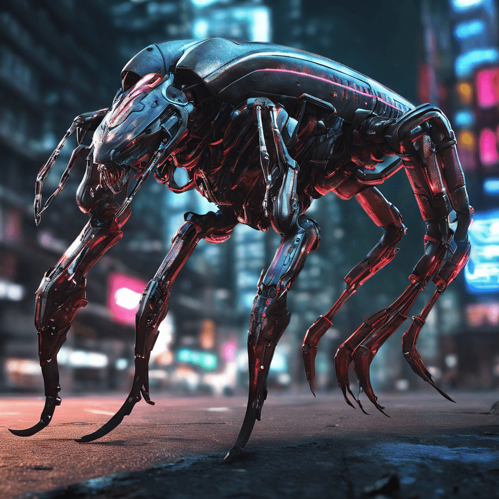 The Techno-Scorpion is a cybernetic creature, part machine and part organic. Its exoskeleton is sleek and metallic, reflecting the neon lights of Neo-Tokyo. Its powerful claws are equipped with sharp blades, capable of slicing through steel. Its tail is tipped with a deadly stinger, filled with a potent venom that can paralyze its victims.