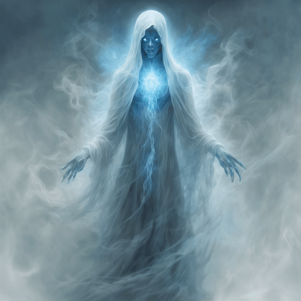 A ghostly figure emanating a chilling aura, its ethereal body translucent and shifting, with piercing blue eyes that burn with an unnatural cold.