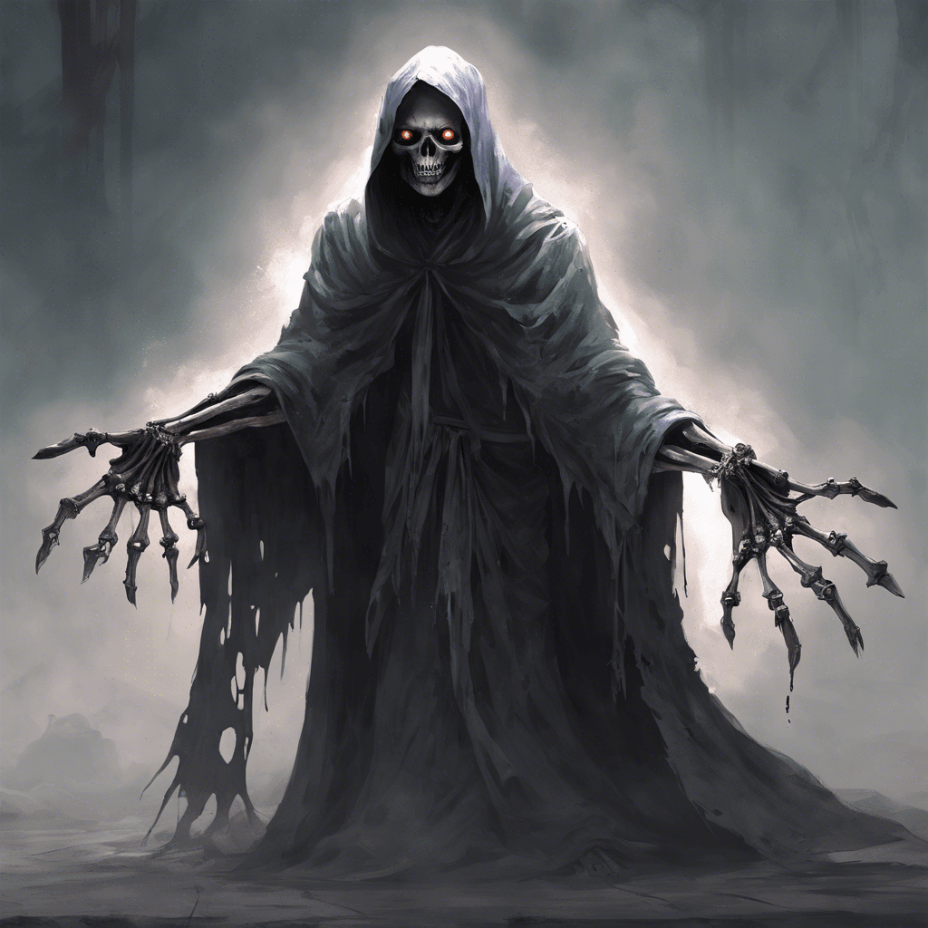 A specter cloaked in tattered robes, its eyes glowing with an unnatural hue. Skeletal hands extend from within its garment, and its presence exudes a cold, malevolent aura.