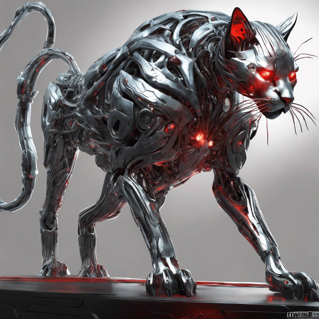 A towering amalgamation of organic feline ferocity and cold, hard cybernetics. Its body is covered in sleek silver metallic plates, accentuating the natural muscle structure of what was once a fearsome predator. Exposed wiring pulses with energy at its joints, and its eyes glow with a red ominous light. Twin pulse blasters are integrated into its forelimbs, and a bladed tail whips back and forth with lethal precision.