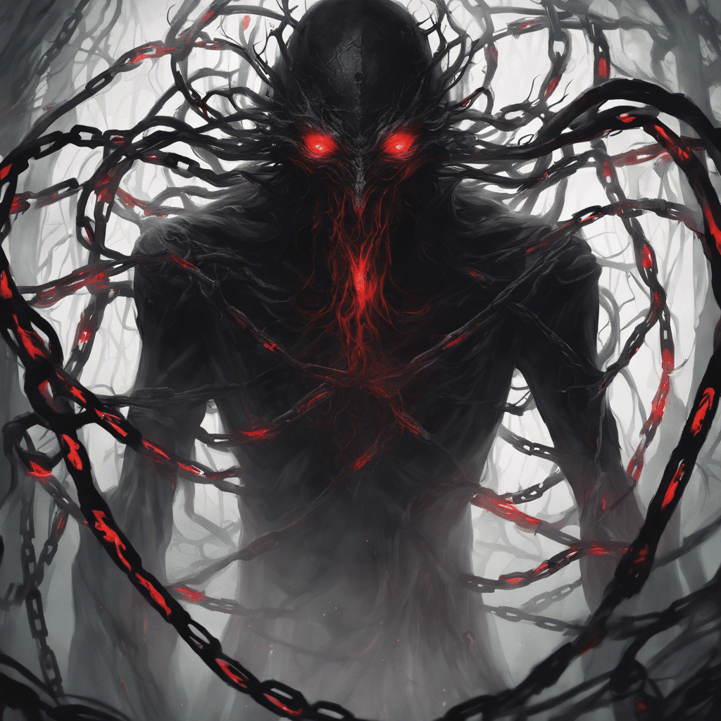 A dark shadowy figure looms with forbidding glowing red eyes and vaporous tendrils for limbs, ethereal chains clinking softly as it moves.