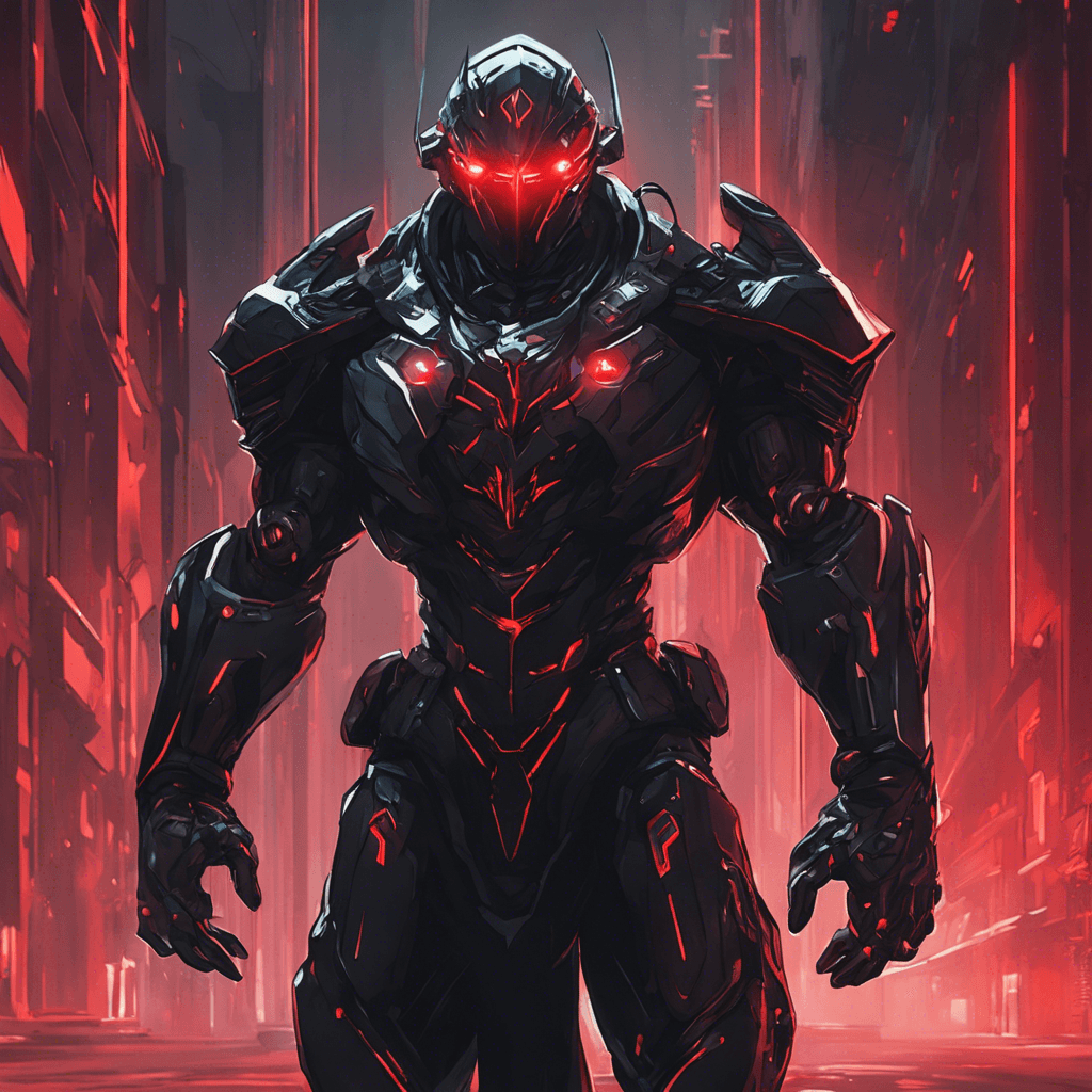 A towering figure clad in black armor with glowing red cybernetic enhancements. Its eyes flicker with malicious intent as it scans its surroundings, ready to eliminate any threats to the Cypher Syndicate.