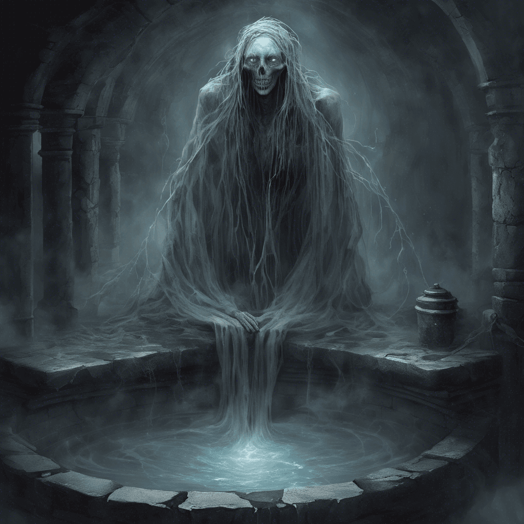 A vaporous entity with swirling misty tendrils, glowing ethereal eyes, and a tormented visage that radiates malice, seeping out from the cracks in the old well's stones.