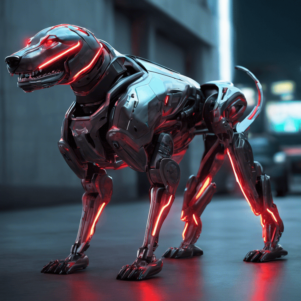 A sleek robotic hound with a metallic body, glowing red sensors for eyes, and sharp, electrified teeth. Its limbs are augmented with hydraulic enhancements, and the spine is adorned with neon streaks.