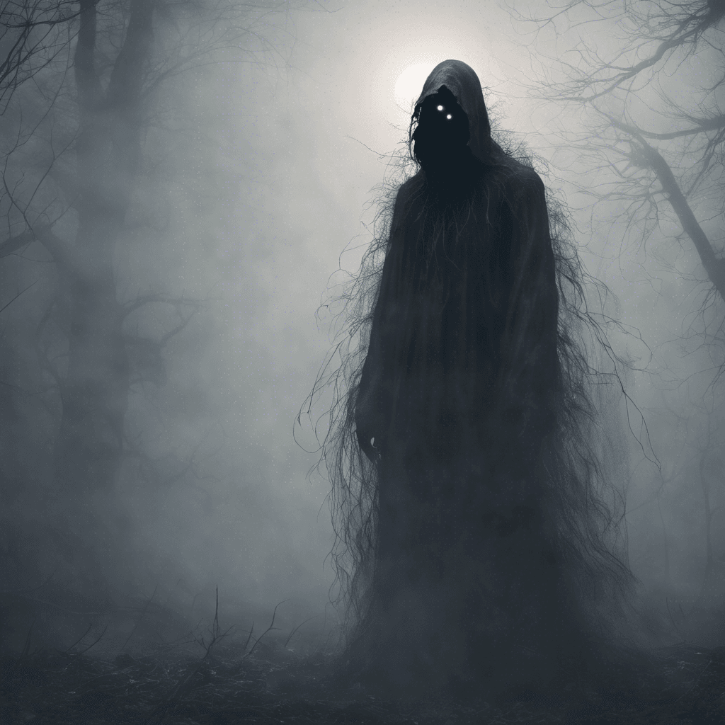 A shadowy figure with ethereal wisps of cold mist swirling around it, its eyes glowing with a malevolent light. Its eerie presence chills the air and sends shivers down the spine of anyone who dares to look upon it.