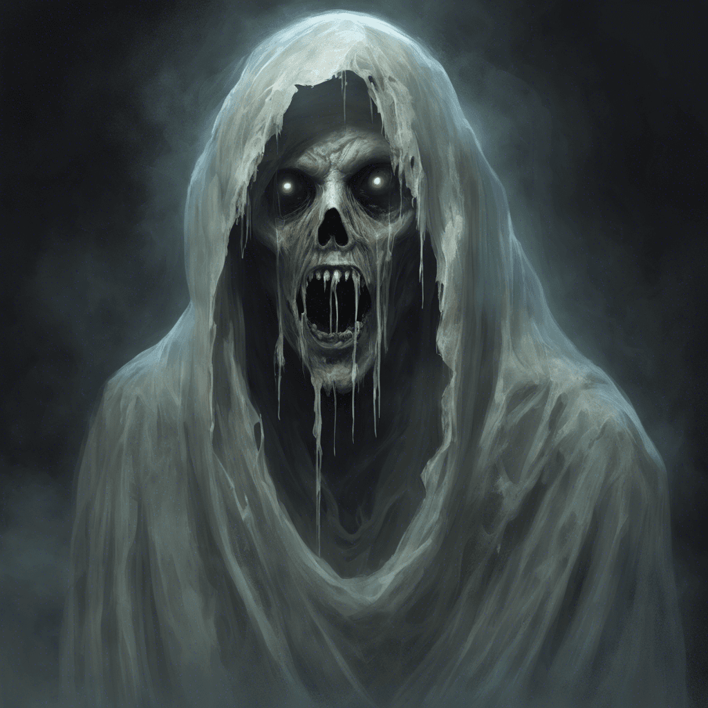 A spectral apparition with tattered robes floating around a translucent body, its face a ghastly visage of horror, with soul-piercing hollow eyes and a gaping mouth that seems to scream silently.