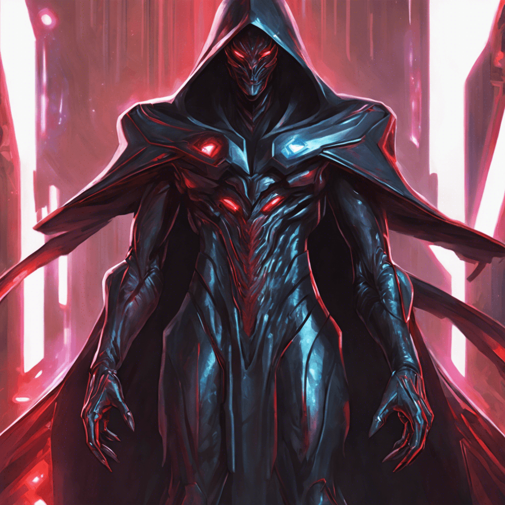 A sleek figure obscured in a holographic cloak, with metallic appendages visible, and eyes glowing with a sinister red light. The Zentari Infiltrator is an elite alien assassin hired to retrieve the data cube.