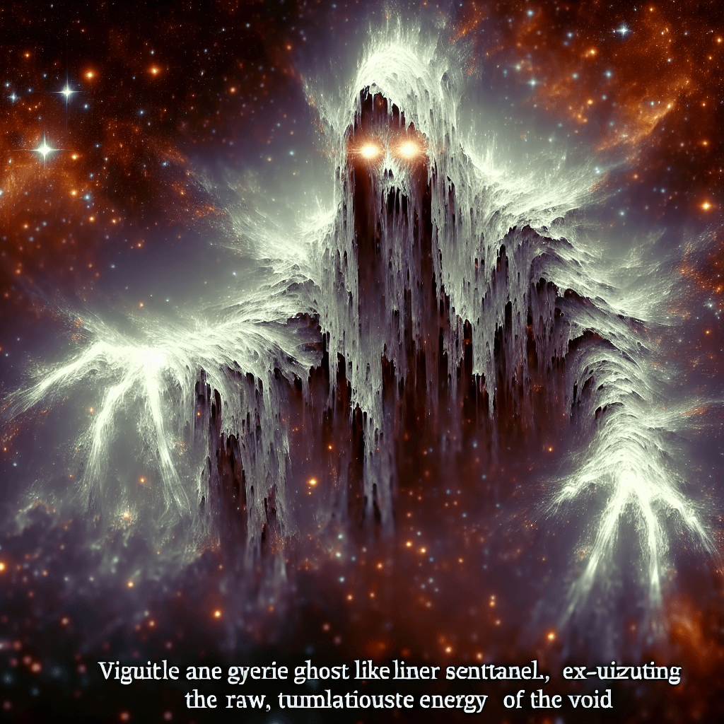 A ghostly figure shrouded in tattered starfarer robes, the Spectral Sentinel emits a soft, otherworldly glow. Ethereal in appearance with eyes that burn like twin stars, it floats above the ground, its hands crackling with the raw energy of the void.