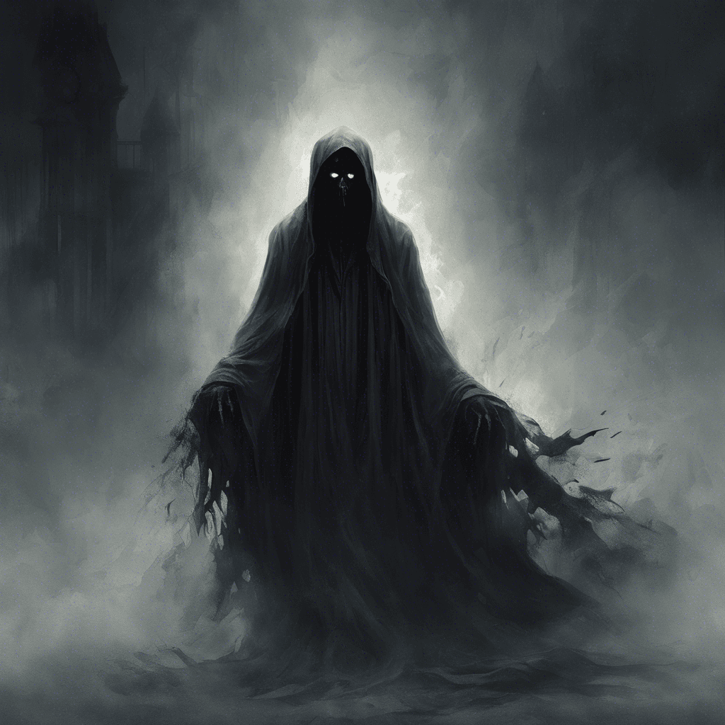 The Specter of Despair is a ghostly figure shrouded in tattered black robes, its face obscured by shadows. Its presence brings a chilling coldness to the air, and its eyes glow with a malevolent light, exuding an aura of hopelessness and despair.