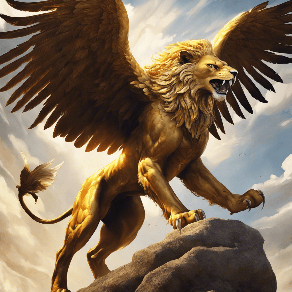 A majestic yet fearsome beast with the body of a lion and the wings and head of an eagle. Its golden plumage gleams in the sunlight, and sharp talons glint, ready to strike.