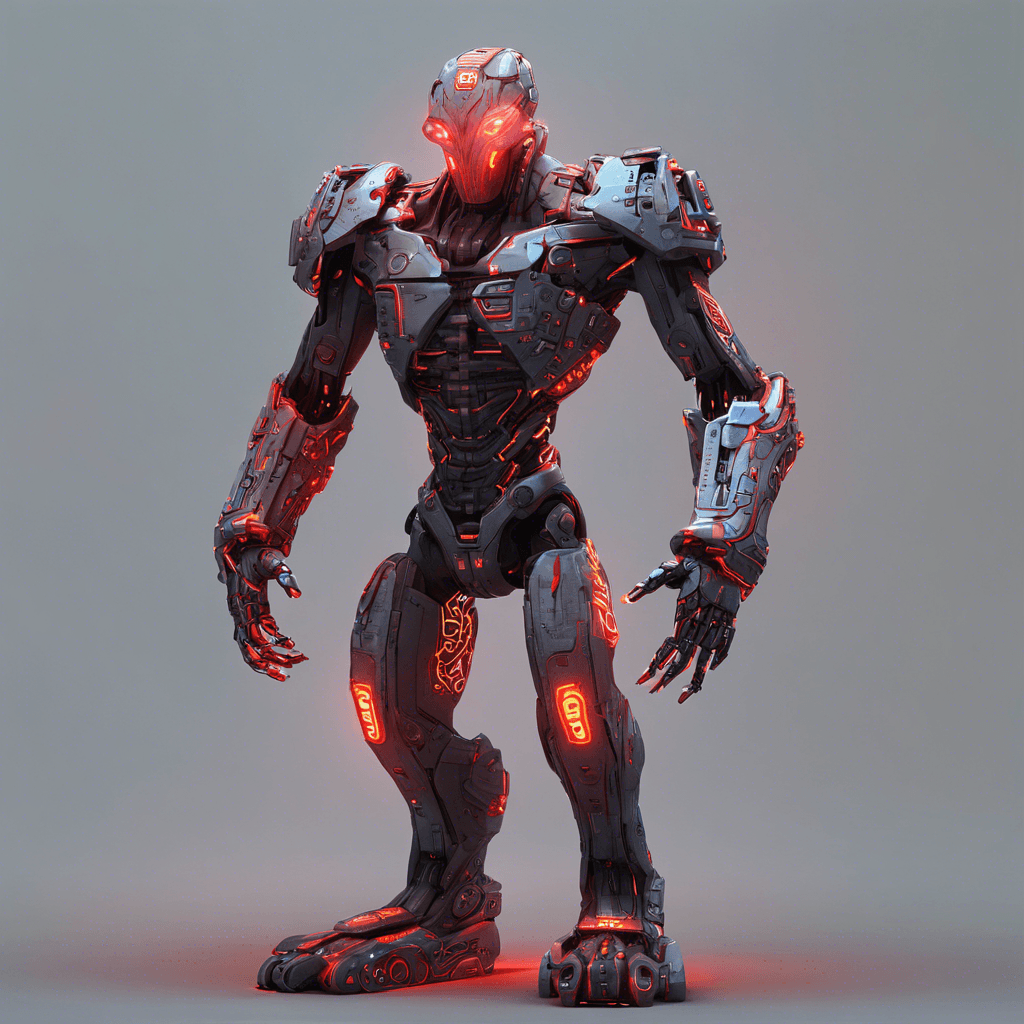 The Circuit Breaker is a cybernetic humanoid covered in glowing circuit patterns, with glowing red eyes that scan the area with precision. It moves swiftly and silently, blending into the neon-lit streets of NeoCity.