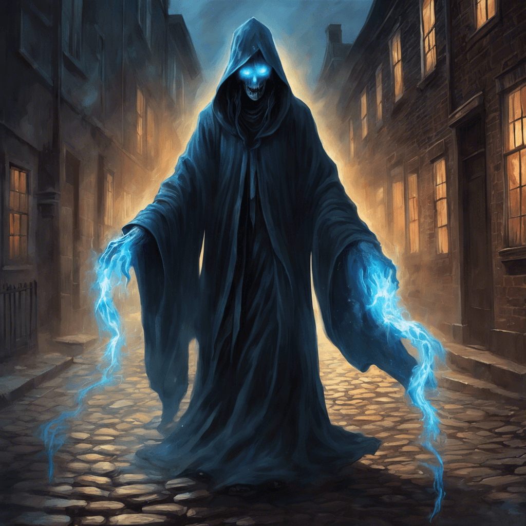 A ghastly apparition with flowing, dark robes, and no discernible features except for two chillingly bright blue eyes that burn like cold fire. Its movements are silent yet unnervingly quick, as it glides across the cobblestone, a whisper of death in the haunting stillness of the night.