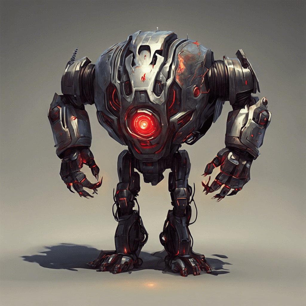 The enemy is a hulking automaton, with a sleek metallic exoskeleton, pulsing with glowing energy lines. Its eyes burn red, and it carries a sinister-looking ion blaster in one of its four appendages.