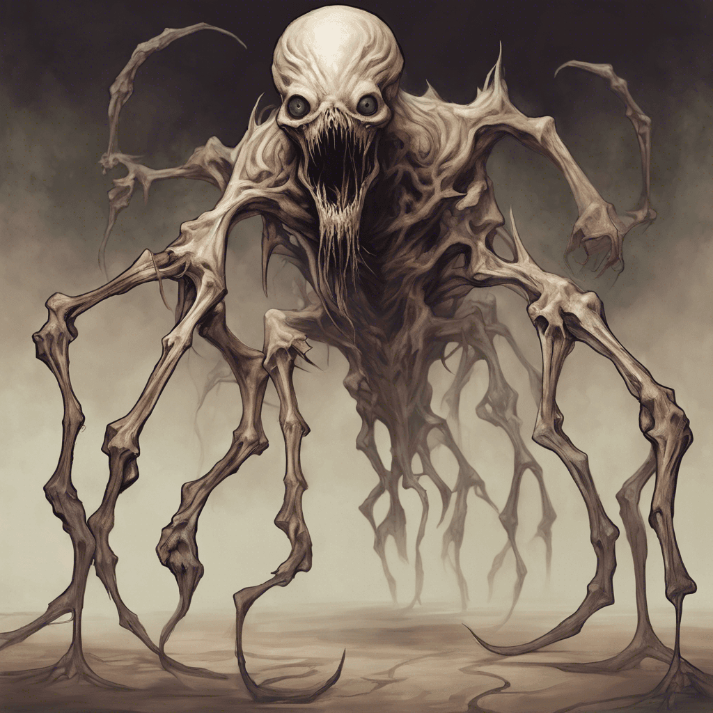 An eldritch horror that moves in a disjointed, eerie manner, reminiscent of a broken marionette with unnaturally long, clawed fingers that scrape against the floor. It has pallid, almost translucent skin stretched over its skeletal frame. Its face is a blank canvas devoid of features save for two deep, dark hollows where eyes should reside, and its presence is marked by an unsettling silence.