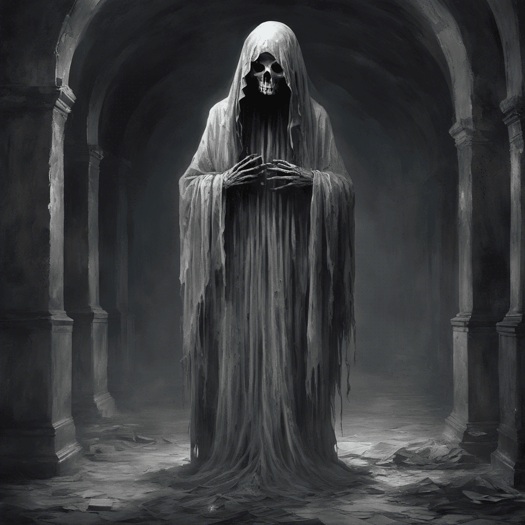 The Specter of Sorrow is a ghostly figure draped in tattered funeral garments, with glowing eyes that emanate a chilling aura of grief and despair. It floats silently through the misty corridors of the crypt, its mournful wails echoing in the darkness.