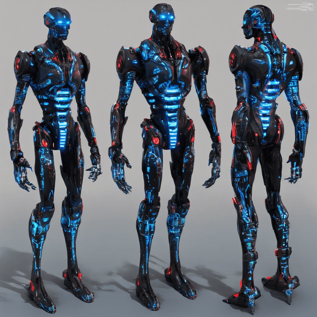 The Cybernetic Enforcer is a towering humanoid figure, covered in sleek black synthetic skin with neon blue circuit patterns glowing faintly under the surface. Its eyes are replaced with glowing red cybernetic implants, and its limbs are a mix of human and robotic parts, giving it incredible strength and agility.