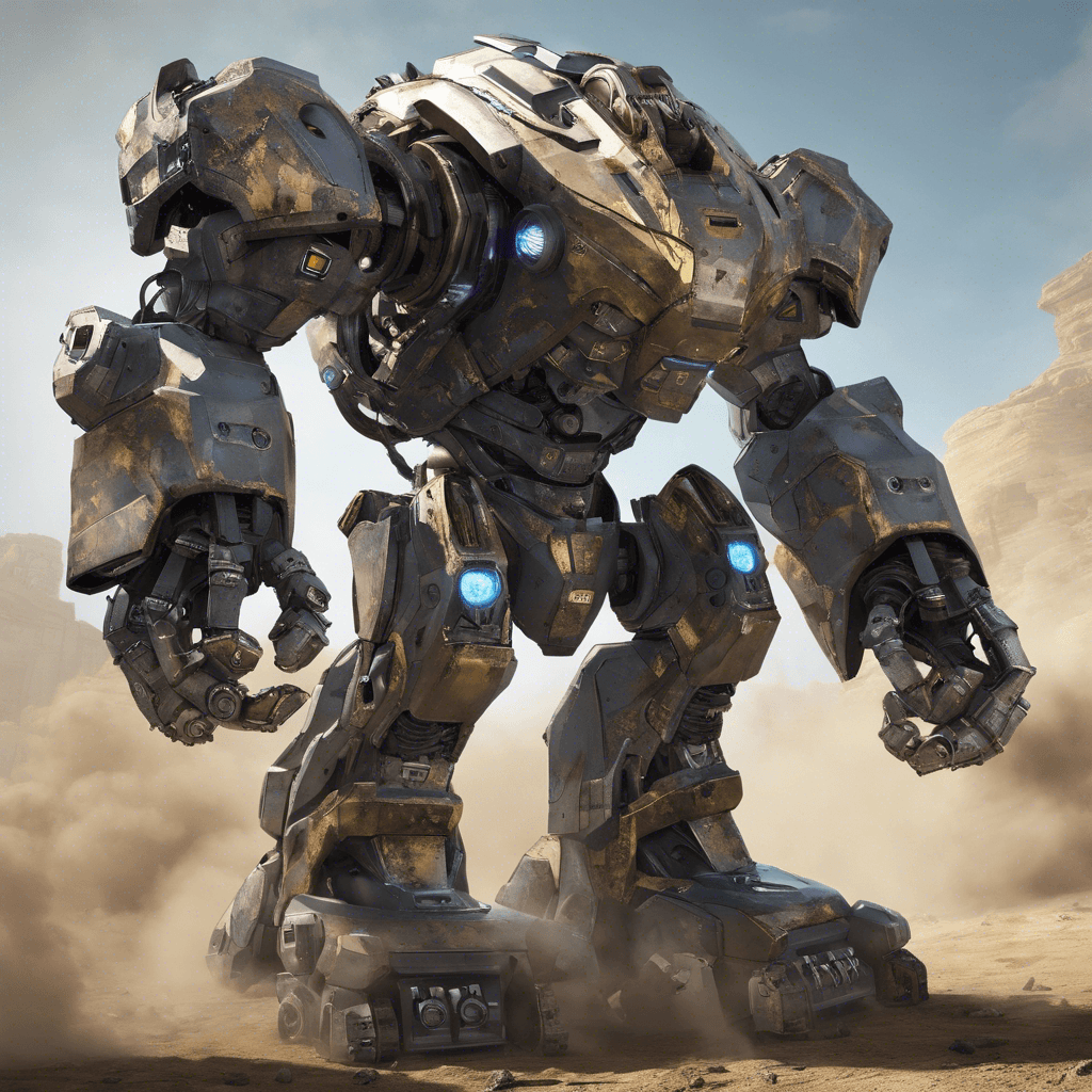 A hulking mass of metal and pulsing energy shields, this advanced combat robot stands over seven feet tall. Its metallic exoskeleton is battle-scarred, armed with menacing cannons and equipped with sensor arrays giving it a predatory look.