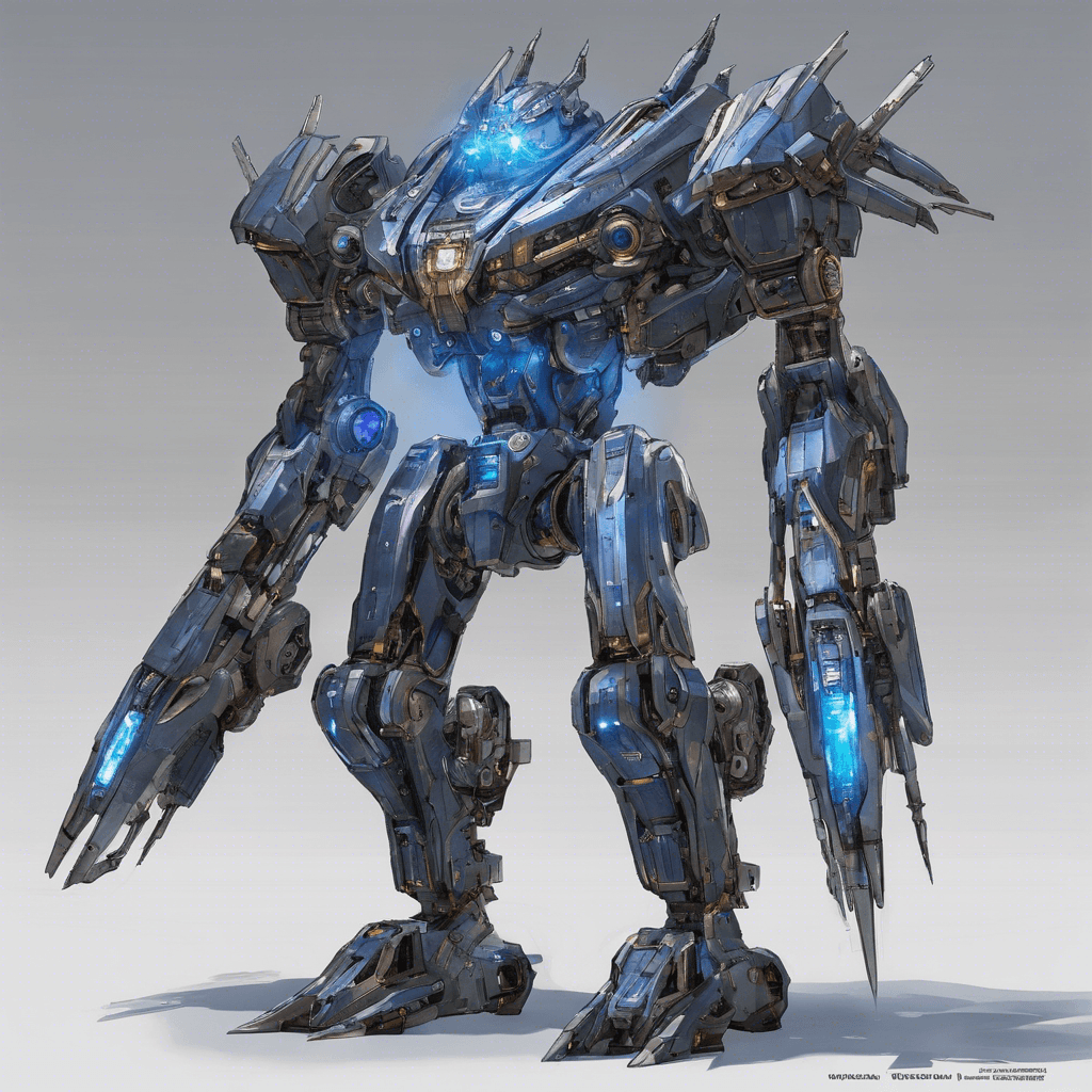 A towering mechanical sentinel with a polished titanium exterior and glowing sapphire-hued energy cores visible at its joints. It wields a lance-like beam weapon and has an array of sensors scanning in all directions.