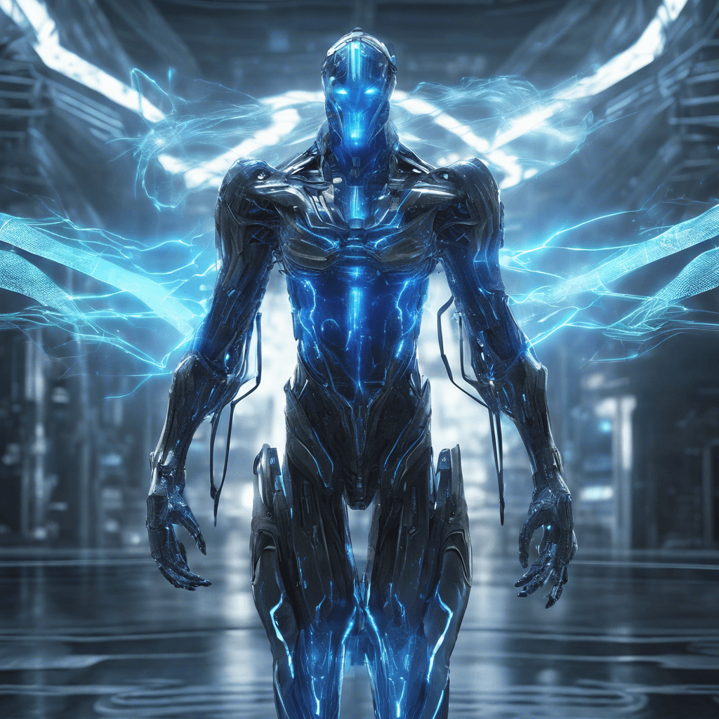 A Techwraith Guardian, a phantasmal cybernetic apparition, with glowing blue circuit lines running across its semi-transparent body and flickering holographic blades for hands.