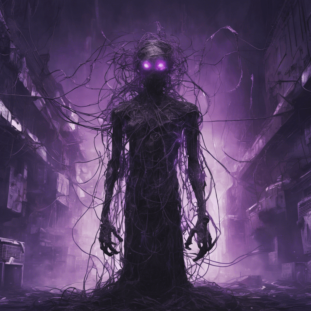 A towering figure shrouded in tattered electronic rags, with glowing purple eyes piercing through the darkness. Its arms are elongated with frayed wires hanging like tendrils, and its body seems to phase in and out of the digital realm, with an ominous, static-filled hum emanating from it.