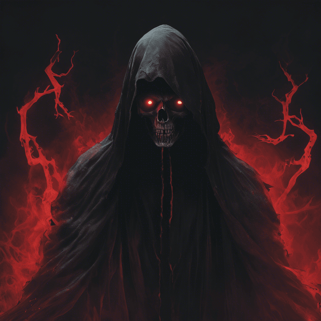 A ghostly figure shrouded in tattered black robes, its face hidden by the hood, eyes glowing red with malevolence. Skeletal hands extend from its sleeves, and a chilling aura of darkness surrounds it.