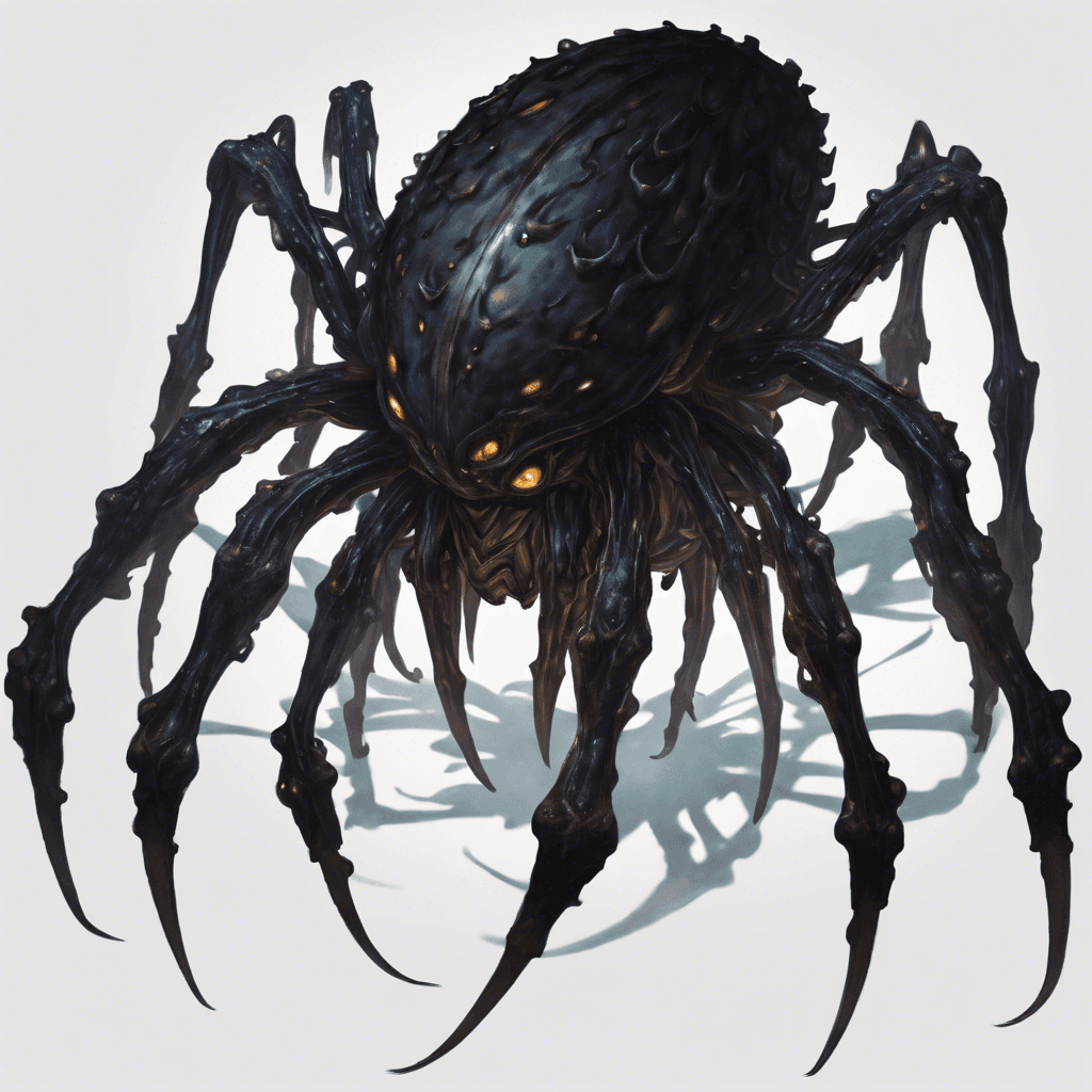 A massive, shadowy arachnid-like creature with shimmering tentacles, oily black carapace, and rows of luminescent eyes. It seems to absorb light around it, making its edges blur into the darkness.