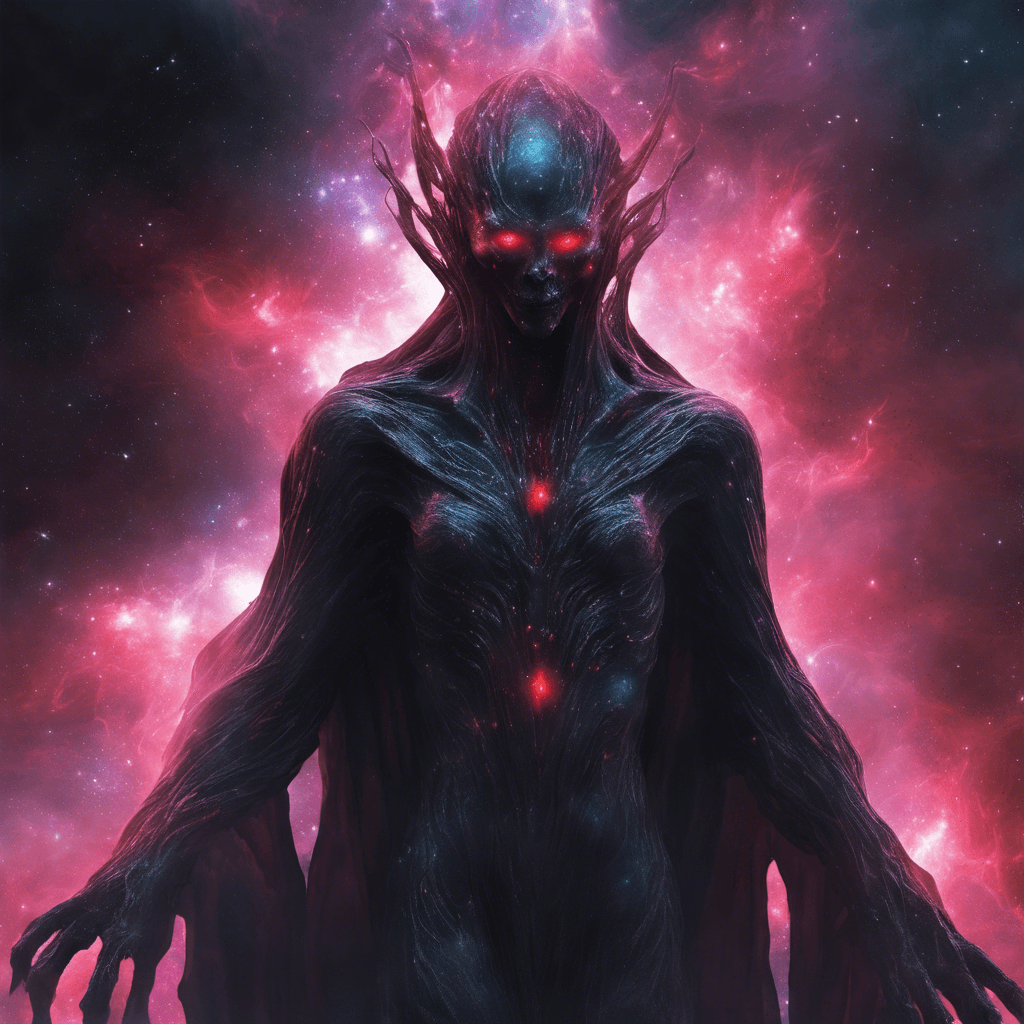 The Nebula Wraith is a spectral being composed of shimmering celestial gas and dark matter. Its form constantly shifts and flickers, making it difficult to pinpoint its exact location. With glowing crimson eyes that pierce through the darkness of space, the Nebula Wraith emits a chilling aura that freezes all who come near.