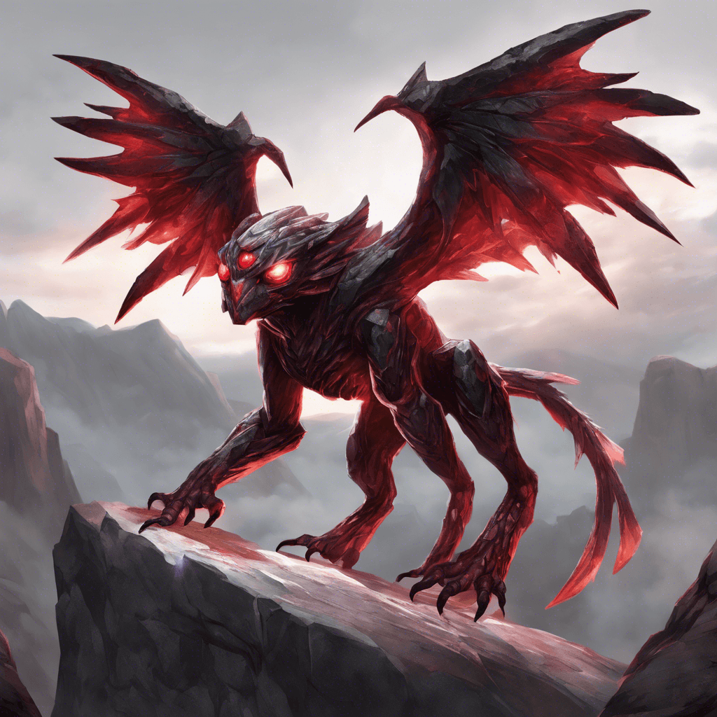 A stone-like creature with glowing red gemstone eyes and veins of sparkling garnet running through its granite wings. Its talons are sharp and gleaming, capable of both swift flight and ferocious combat.