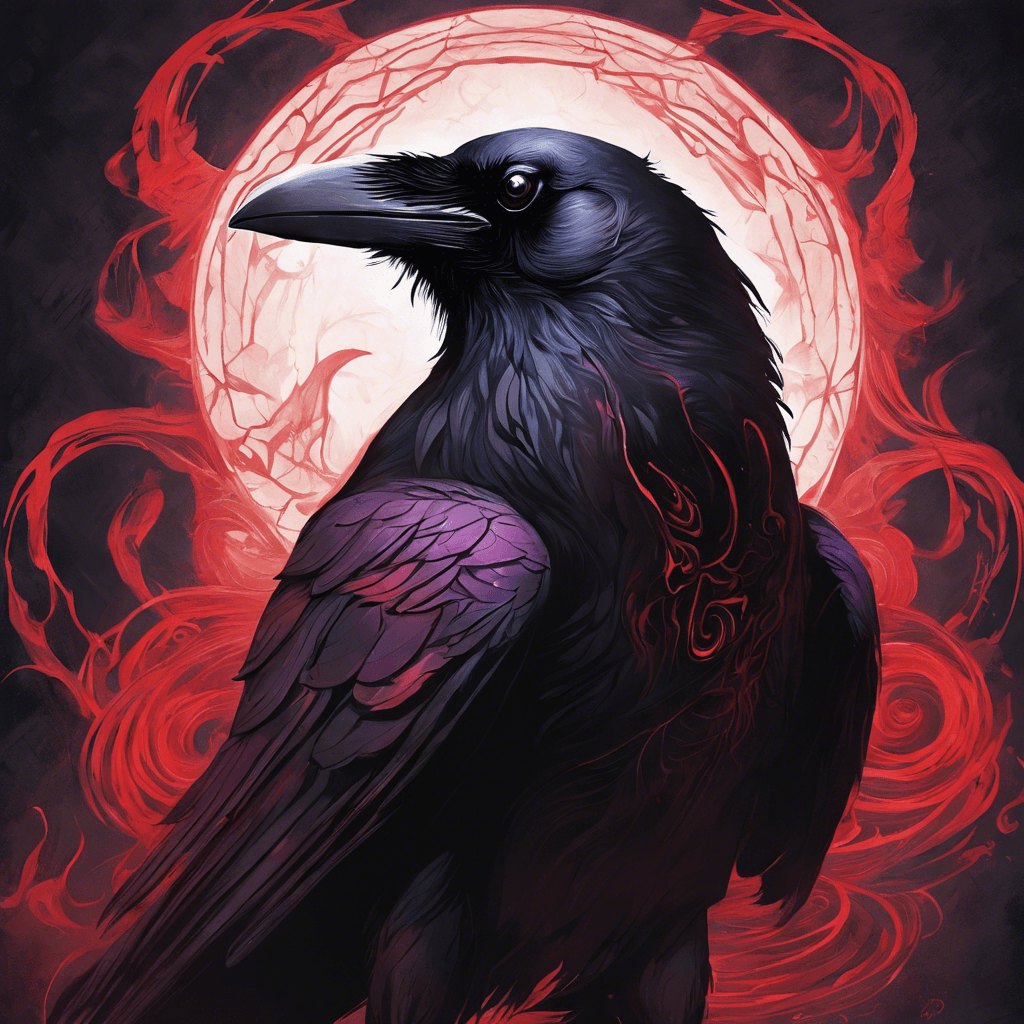 A large raven, its feathers as dark as the void, eyes glowing crimson, with an otherworldly aura of darkness swirling around it.