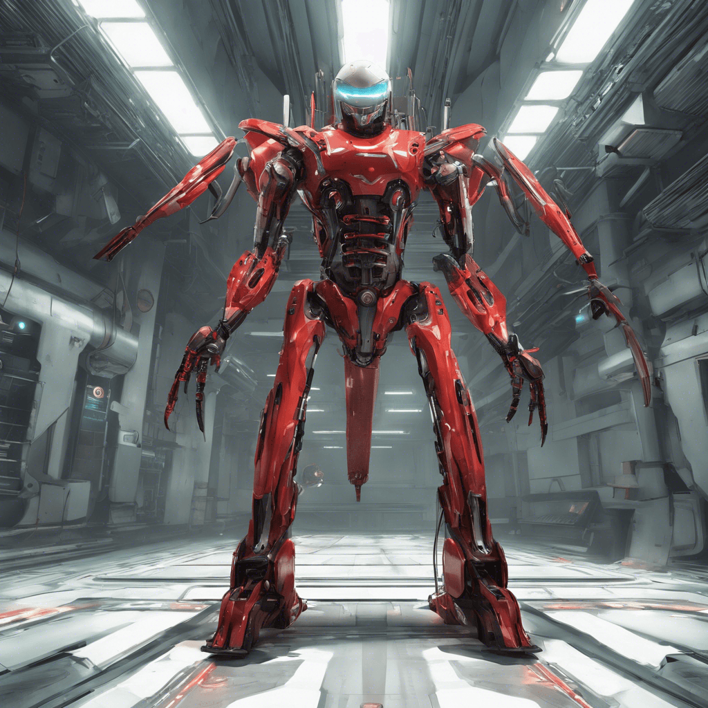 A towering android with a sleek chrome exoskeleton, Chronos' red optical sensors glow ominously. Its arms are equipped with various retractable tools and weapons, including a monofilament whip.