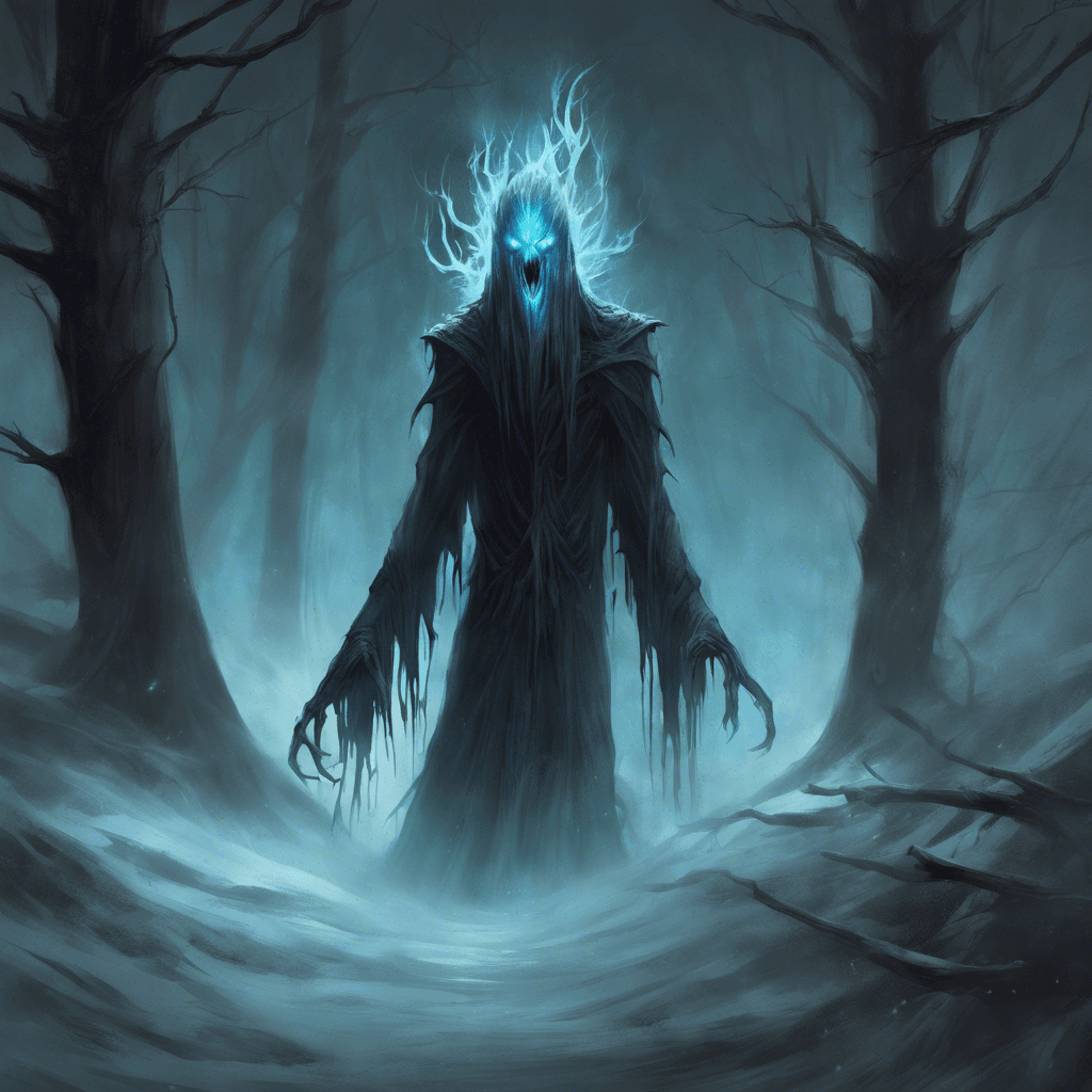 A sinister entity cloaked in shadows, with glowing eyes that pierce through the darkness. Its ghostly form exudes an aura of fear and dread, freezing the very air around it with icy chill. The Wraith of the Lost Woods is a vengeful spirit seeking to trap unwary travelers in its eternal grasp.