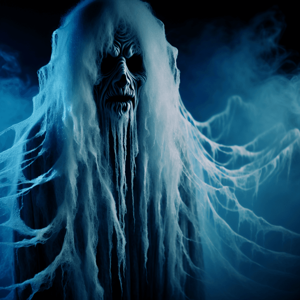 A chilling mist forms into a spectral figure, a banshee with flowing robes that seem to absorb the light around her. Her face, a haunting visage of sorrow and malice, is framed by long, ethereal hair that moves as if underwater.