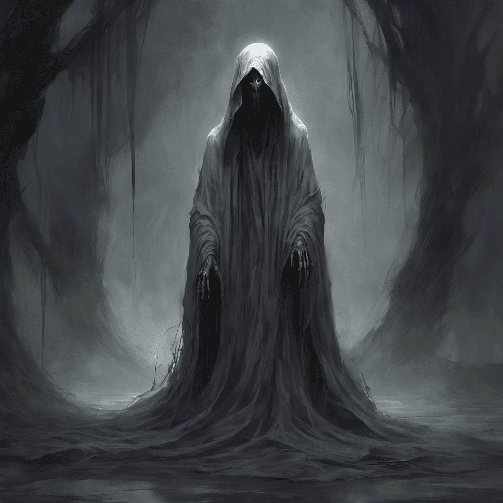 A ghastly figure draped in tattered, grey robes, its ethereal form flickering in and out of existence. Its face is a shadowy void, emitting chilling whispers that send shivers down your spine.