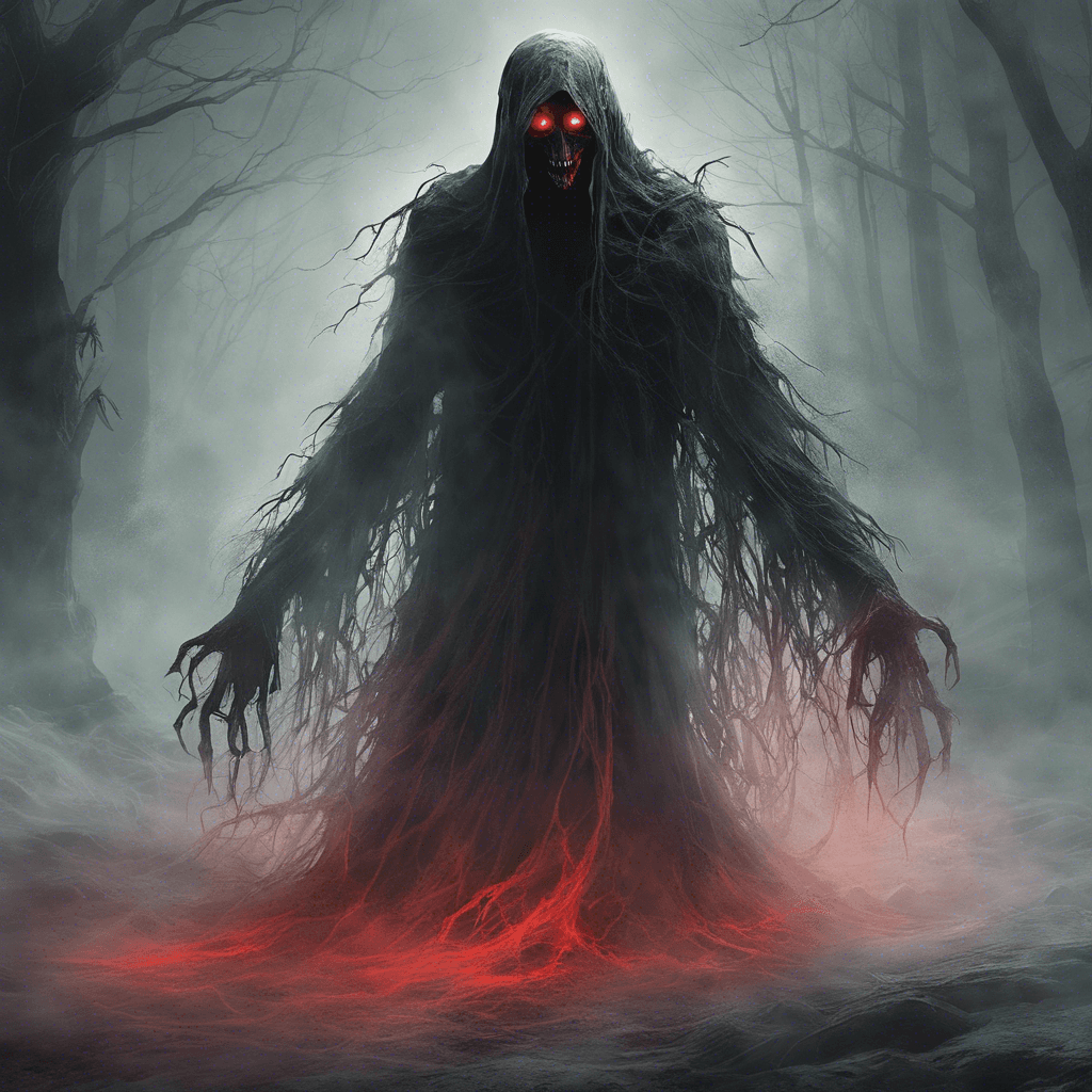 The Spectral Wraith appears as a shadowy figure with glowing red eyes, surrounded by a chilling mist that freezes the air around it. Its ghostly form seems to flicker in and out of existence, causing unease and fear in those who gaze upon it. It emits a bone-chilling wail that resonates through the air, sending shivers down the spines of all who hear it.