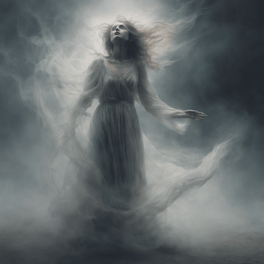 A spectral figure of a woman, her face twisted in eternal sorrow, her tattered dress billows around her like mist. She drifts above the ground, her hands outstretched as if reaching for something forever out of grasp. Transparent and ethereal, her form flickers with otherworldly light.