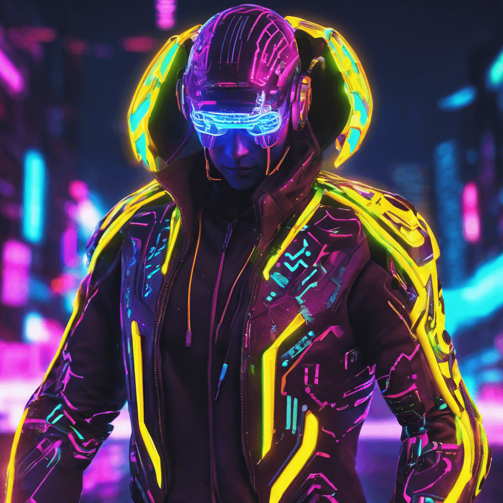 The Neon Hacker is a sleek figure in a glowing cybernetic suit, with neon circuit patterns running across their body. Their eyes shine with digital displays as they move with cyber-enhanced speed and agility. In one hand, they hold a glowing data blade ready to strike at any moment.