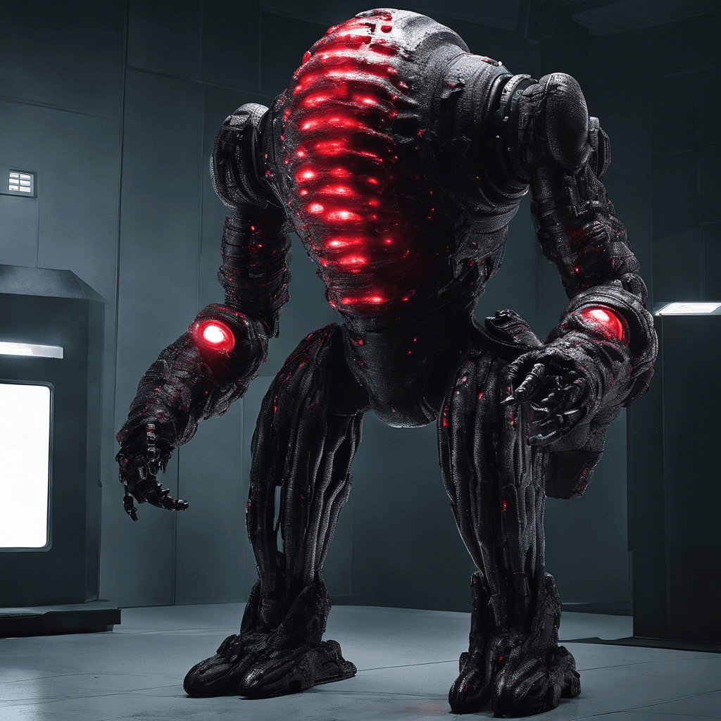 The Zygon Marauder is a sleek and menacing robotic sentinel, standing about 7 feet tall. Its metallic body is covered in a reflective black and silver shell, with pulsating red light sensors for eyes. It moves with a calculated, deadly grace, its arms capable of morphing into various weapons. The Zygon Marauder exudes an aura of danger and precise lethality.