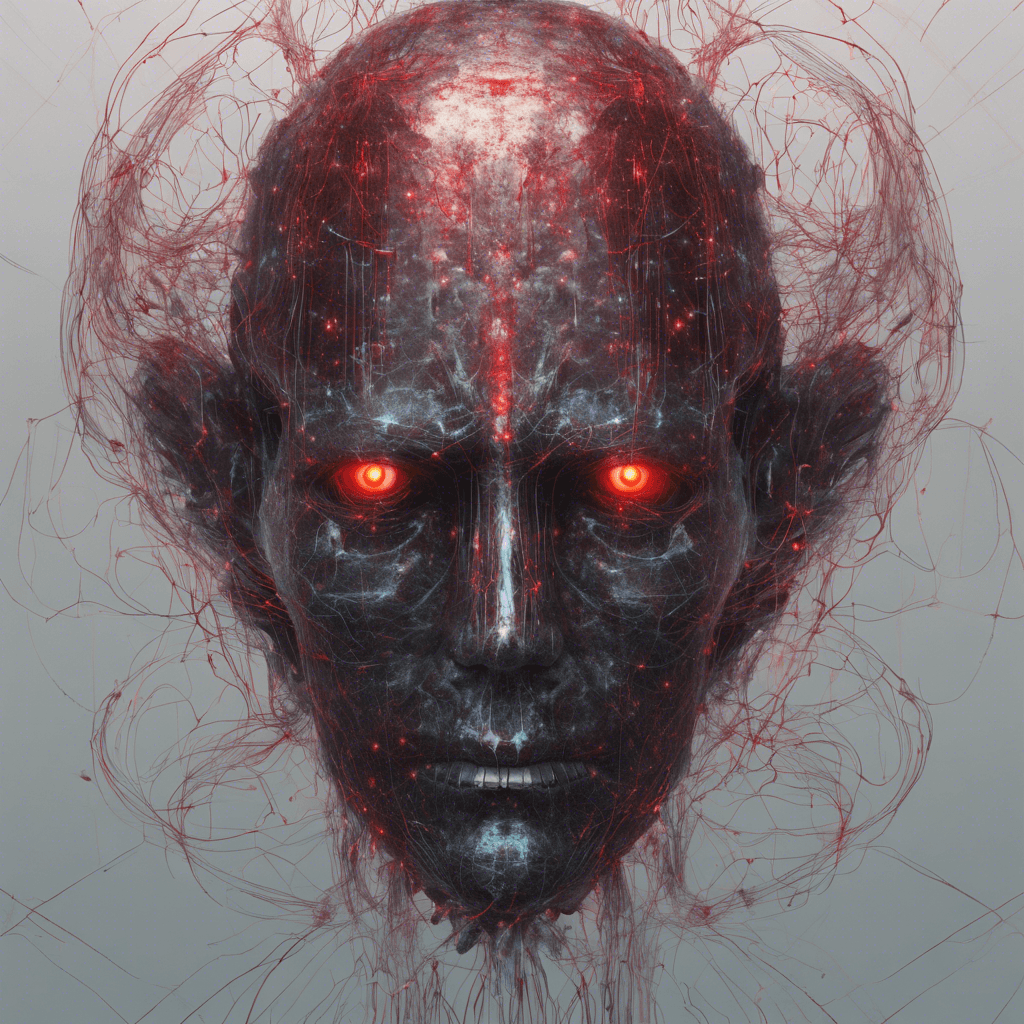 A spectral figure composed of flickering holograms and erratic data streams, with piercing red eyes and tendrils of corrupted code swirling around its form.