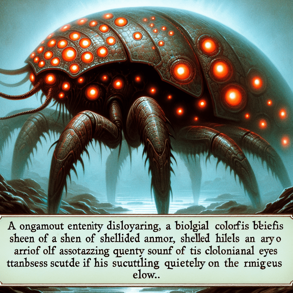 A hulking creature with shimmering, chitinous armor, and multiple eyes that gleam with a bioluminescent glow. It moves with surprising stealth despite its size, claws clicking menacingly on the rock.