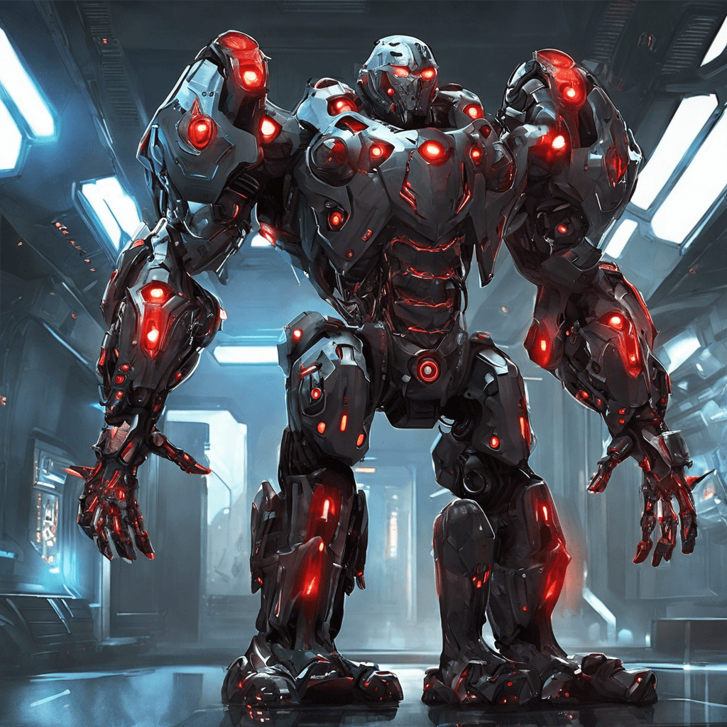 The Cybernetic Exoskeleton Enforcer is a towering humanoid machine, covered in sleek armor plating and glowing red cybernetic eyes. Its mechanical limbs move with precision and power, ready to strike at any moment.