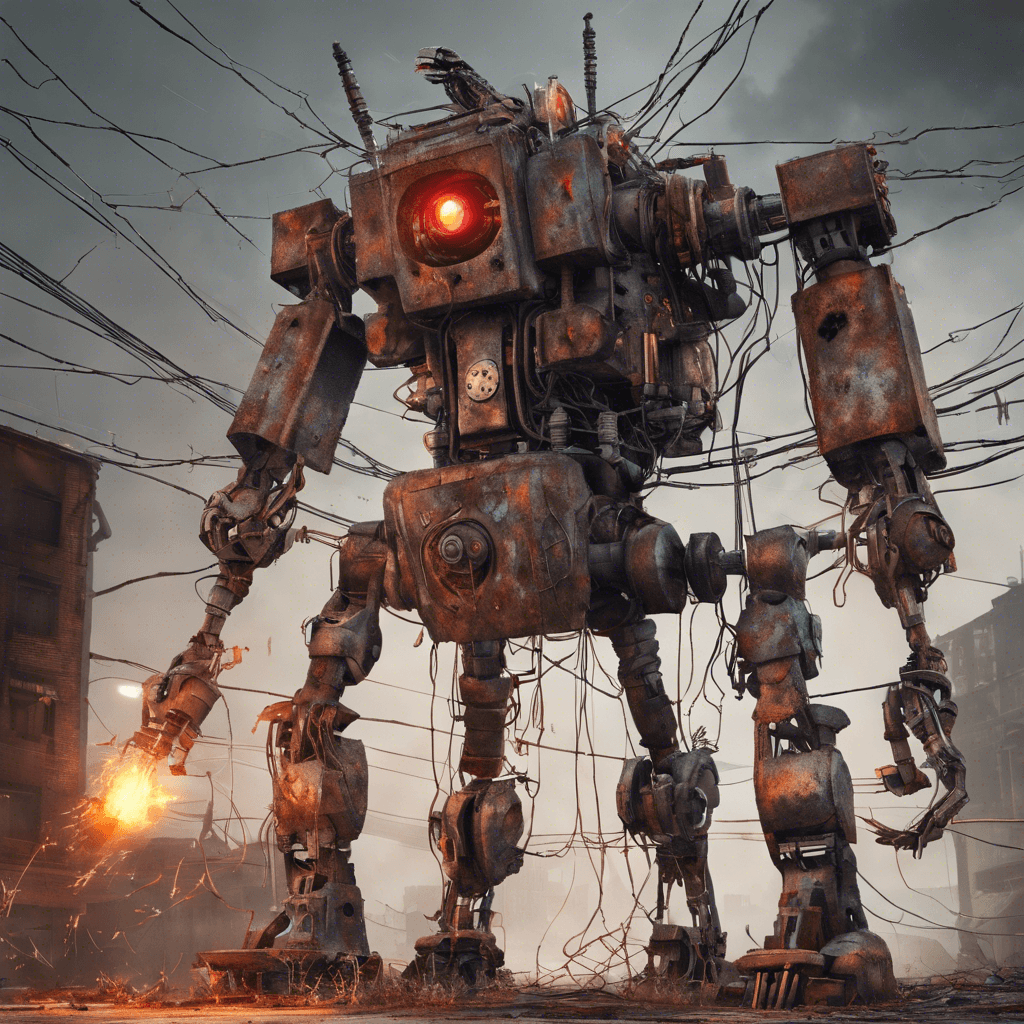 A towering, dilapidated robot with flickering red eyes and an assortment of rusted weapons. Cables and sparks protrude from its metallic joints, indicating its desperate need for repairs. It moves erratically due to damaged circuitry but is no less threatening.