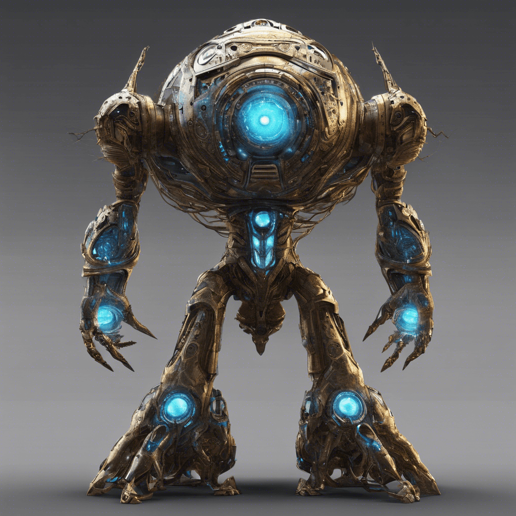 The Cosmic Sentinel is a towering alien automaton, its metallic body adorned with pulsating energy veins that crackle with power. Its glowing eyes scan the surroundings with an otherworldly intelligence, ready to defend the ancient alien machinery at all costs.