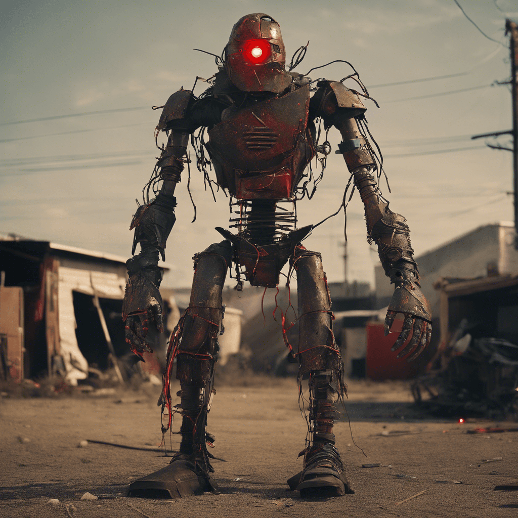 The Scrapyard Scavenger is a humanoid figure covered head to toe in makeshift armor crafted from salvaged metal scraps and wires. Its eyes glow with a menacing red light, and it moves with a mechanical precision that belies its chaotic appearance. In one hand, it wields a jagged metal blade, while the other crackles with electricity from a jury-rigged device.