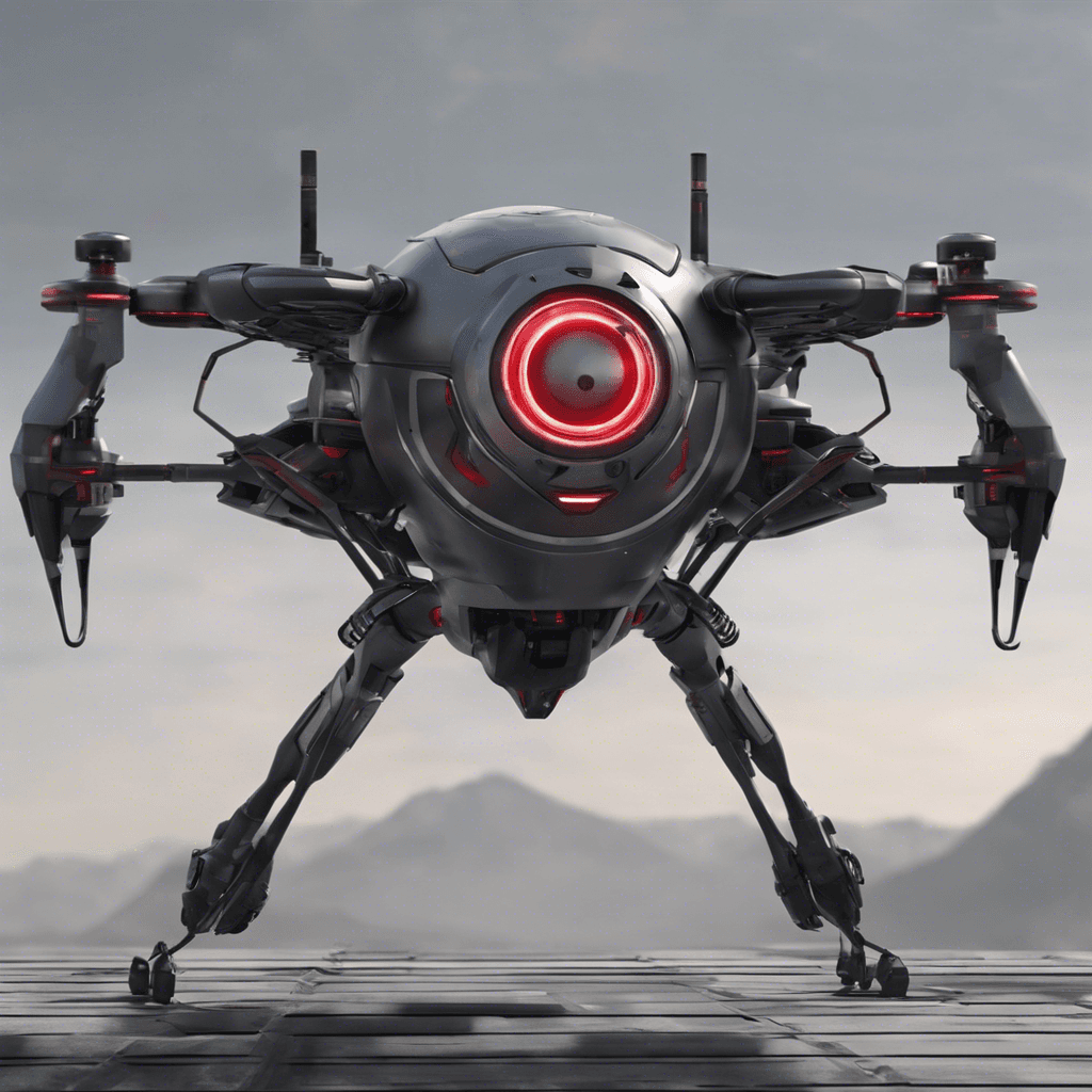 The Sentry Drone is a sleek, hovering mechanical entity with a gunmetal grey finish. It has a central red scanning eye and is equipped with anti-gravity thrusters, multiple sensor antennae, and articulated armatures.