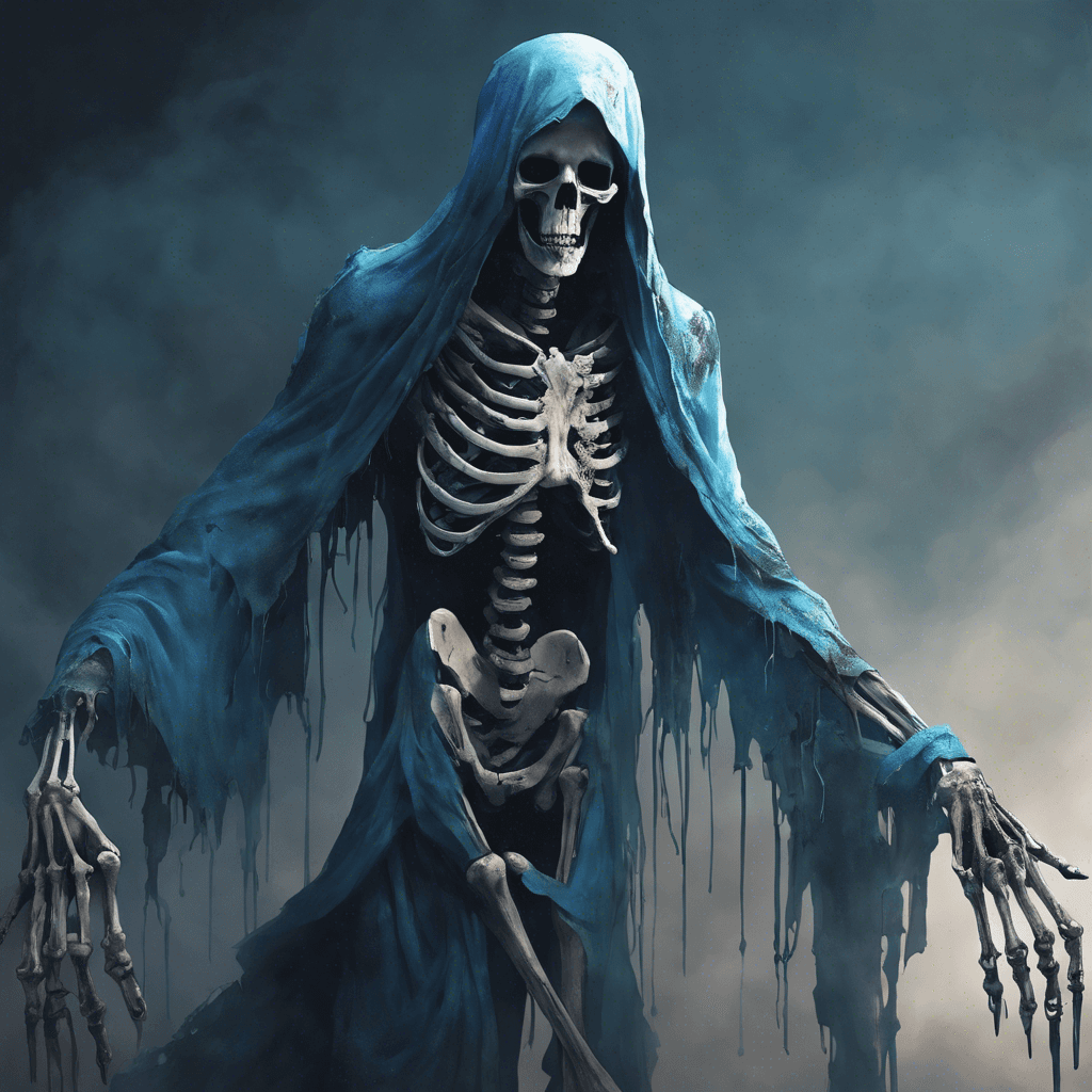 A wailing specter draped in tattered robes, its face an endless void of despair with eyes that gleam with a haunting azure light. Skeletal hands extend from its sleeves, reaching out with a yearning for the living.