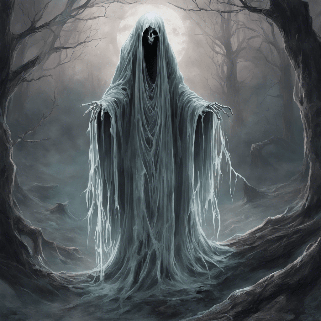 The Spectral Wailer is a ghastly figure that appears as a translucent ghostly form, draped in tattered robes that flow eerily in the perpetual night breeze. Its eyes glow with an otherworldly light, and its chilling wail sends shivers down the spine of all who hear it.