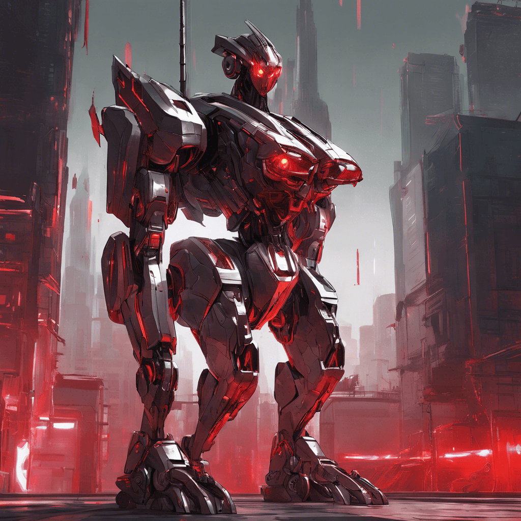 A towering robotic adversary shaped like a female figure, with sleek and shiny metallic surfaces. Its eyes glow with a sinister red light, and hidden panels on its body suddenly flip open to reveal an array of deadly energy weapons.