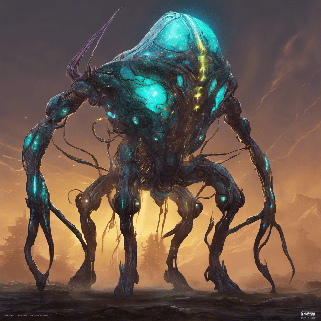 The Rift Harvester is a colossal semi-mechanical alien, adorned with glowing energy fissures crackling across its exoskeleton. Iridescent tendrils protrude from its body, seeking the warmth of life to drain.