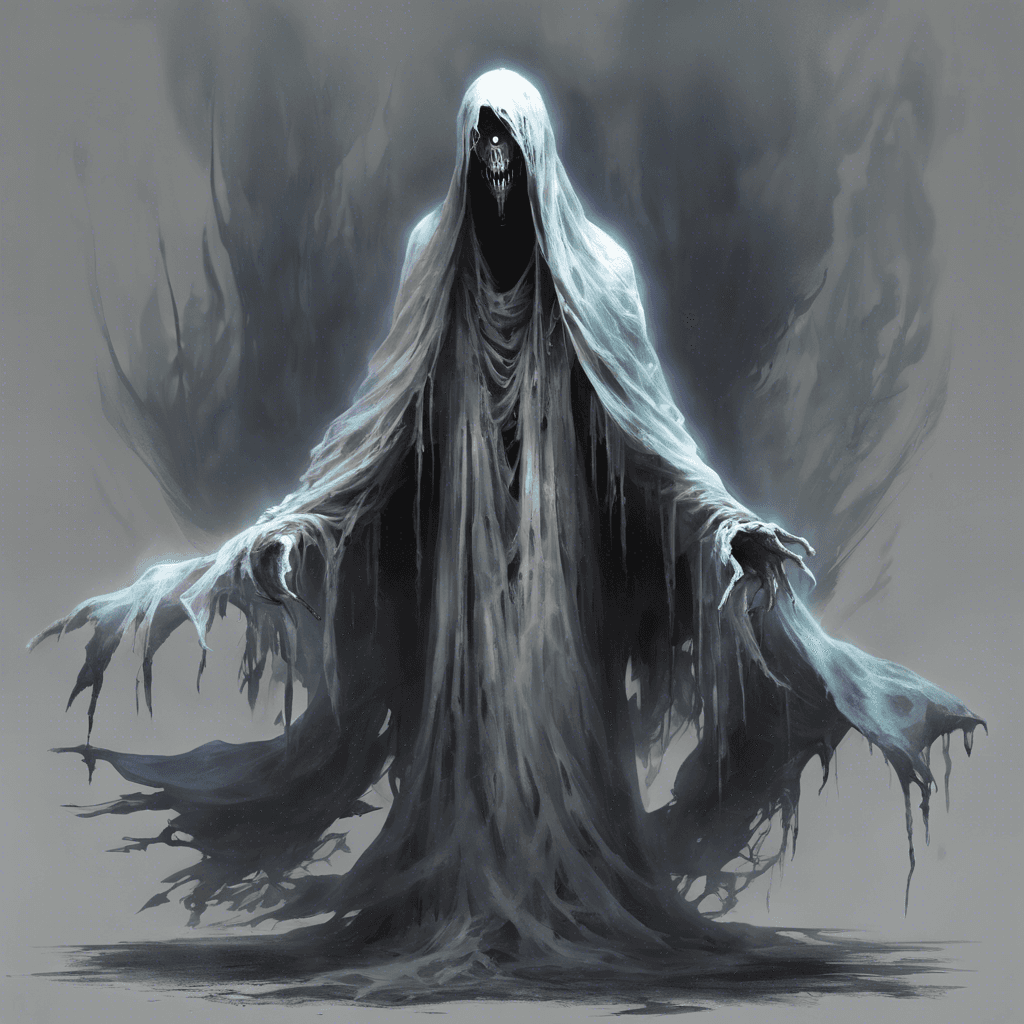 The Specter of the Forgotten is a malevolent entity draped in tattered, ethereal robes that seem to constantly shift and swirl as if possessed by unseen winds. Its eyes glow with a sinister light, and its ghostly form emanates a chilling cold that freezes the air around it.