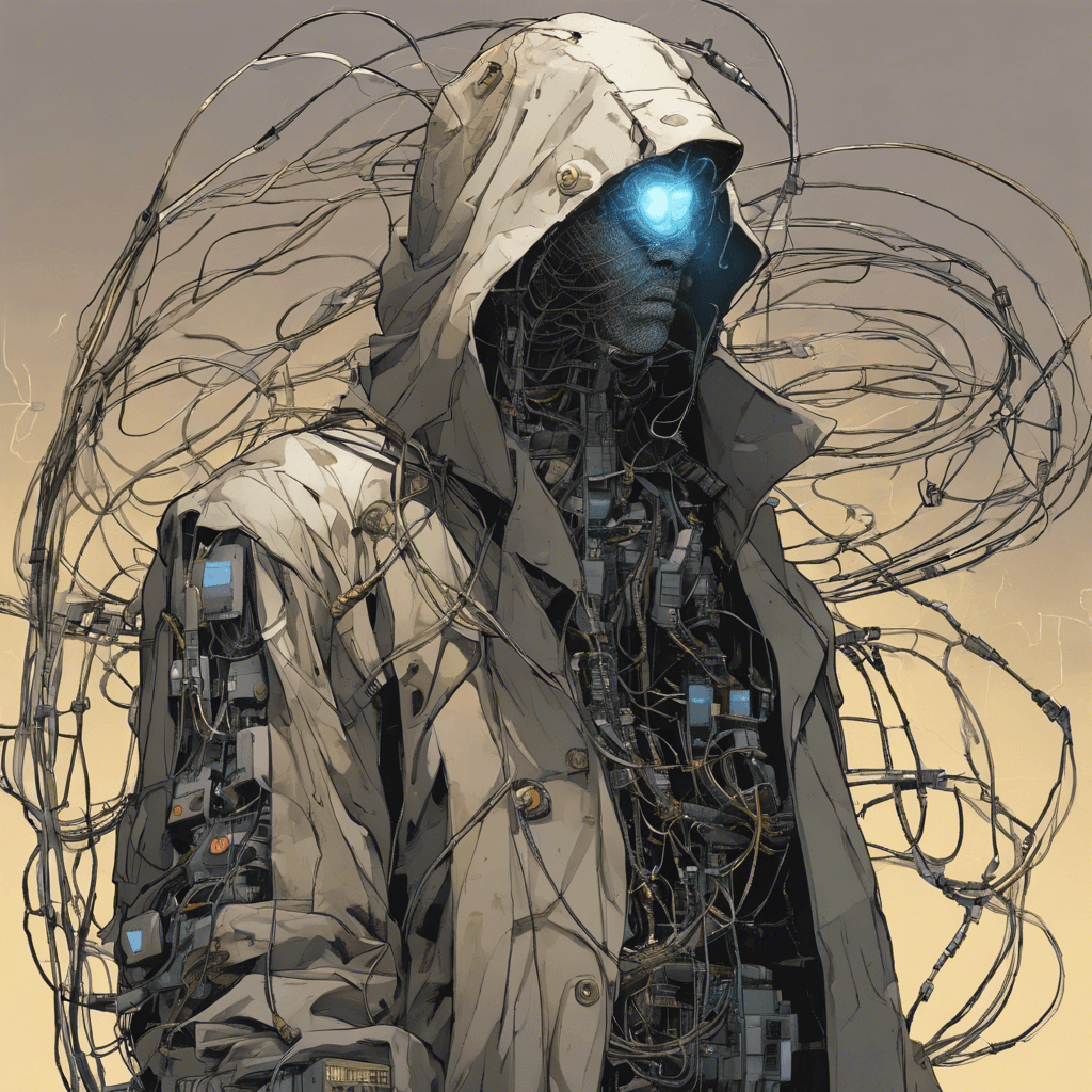 A wiry figure encased in a trench coat adorned with flickering screens, Netcrawler Jack's eyes are obscured by a visor displaying incessant streams of code. Wires snake from his sleeves, interfacing with the myriad of devices strapped to his body.